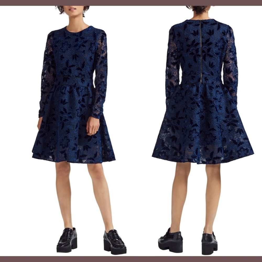 NWT $515 Maje Role Guipure Lace Fit &‎ Flare Dress in Marine Blue [SZ 1 ]